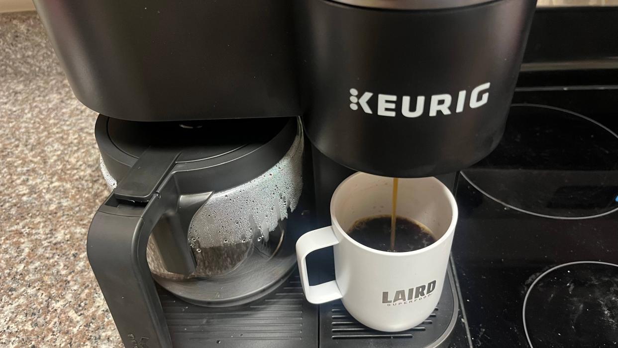  Keurig k-duo pouring coffee on review. 