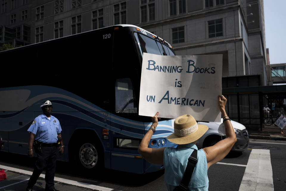 Demonstrators gather outside the Moms for Liberty meeting in Philadelphia, Friday, June 30, 2023. (AP Photo/Joe Lamberti)