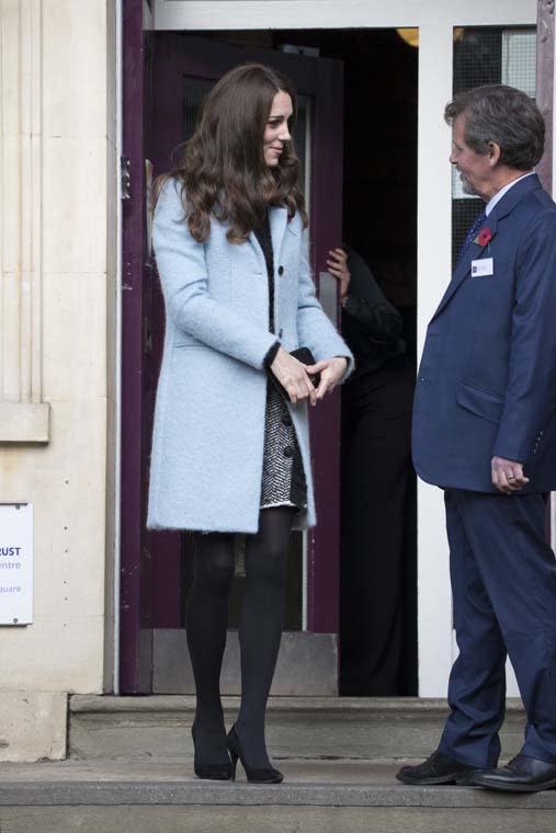 Kate’s duck egg Mulberry coat set her back £990. She paired the wool coat with a printed Dolce & Gabbana skirt costing $543 (£330).