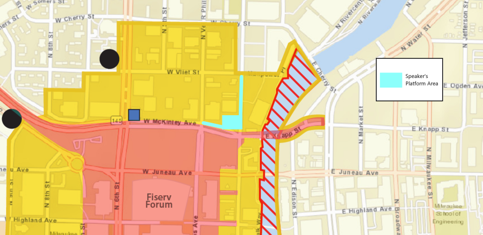 A speakers platform for the public will be placed on Dr. Martin Luther King Drive at McKinley Ave. with space for assembly at Haymarket Square Park. Milwaukee and U.S. Secret Service officials announced the locatoins on Friday, June 21, 2024.