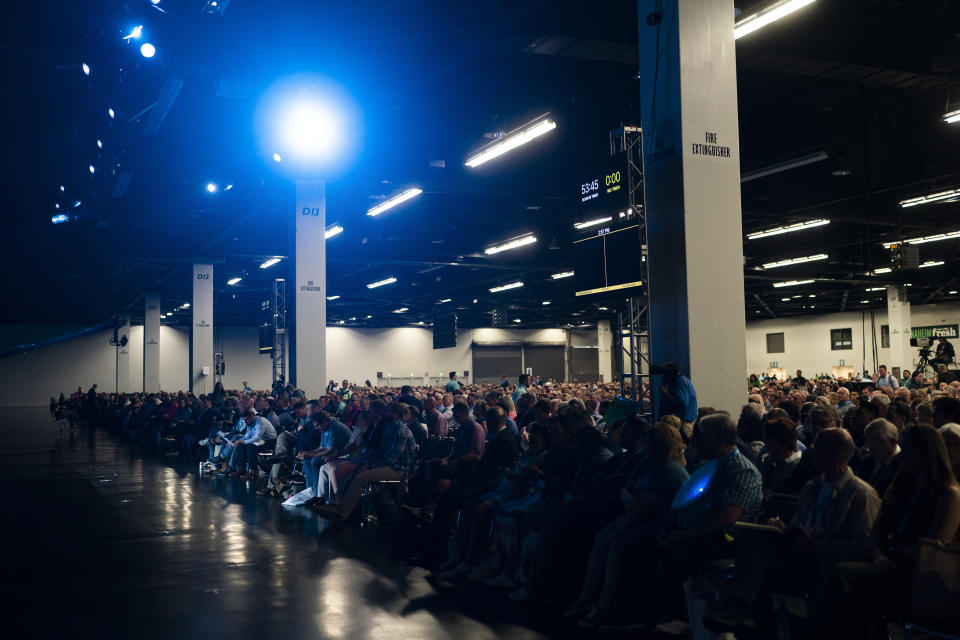 Attendees listen to Bruce Frank, a chair of the Southern Baptist Convention's sexual abuse task force, during its annual meeting in Anaheim, Calif., Tuesday, June 14, 2022. (AP Photo/Jae C. Hong)