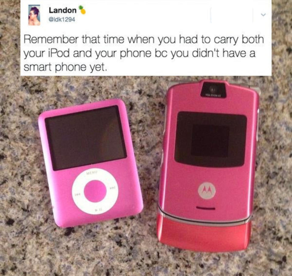 A pink iPod Mini next to a pink Razr