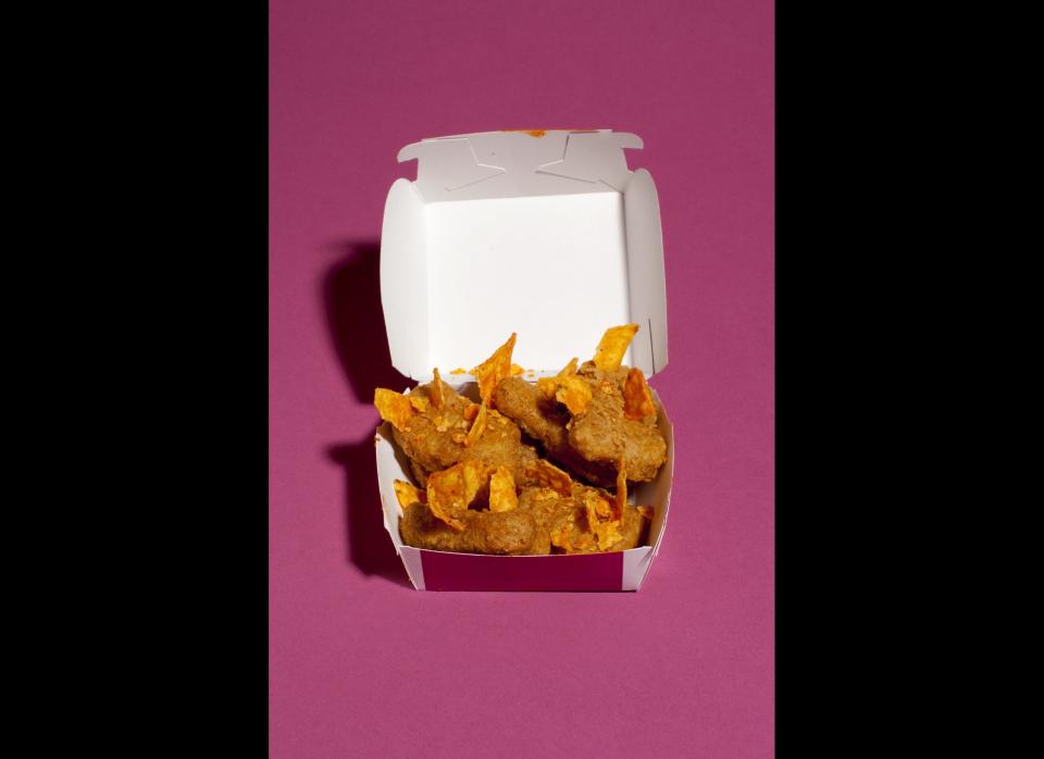 <strong>The Method:</strong> We stuck Doritos into the McNuggets, as our photographer put it, "like shards of glass."    <strong>The Verdict:</strong> These were divisive. Some tasters hated the combo, finding the McNugget flavor and texture overpowering. But others said that dipping the Doritos-adorned nuggets into barbecue sauce made for a revelatory melding of flavors.