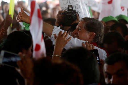 Alfredo del Mazo of Institutional Revolutionary Party (PRI), candidate for governor of the State of Mexico, gives a thumbs up to the audience during his electoral campaign in Ecatepec in State of Mexico, Mexico May 18, 2017. REUTERS/Carlos Jasso