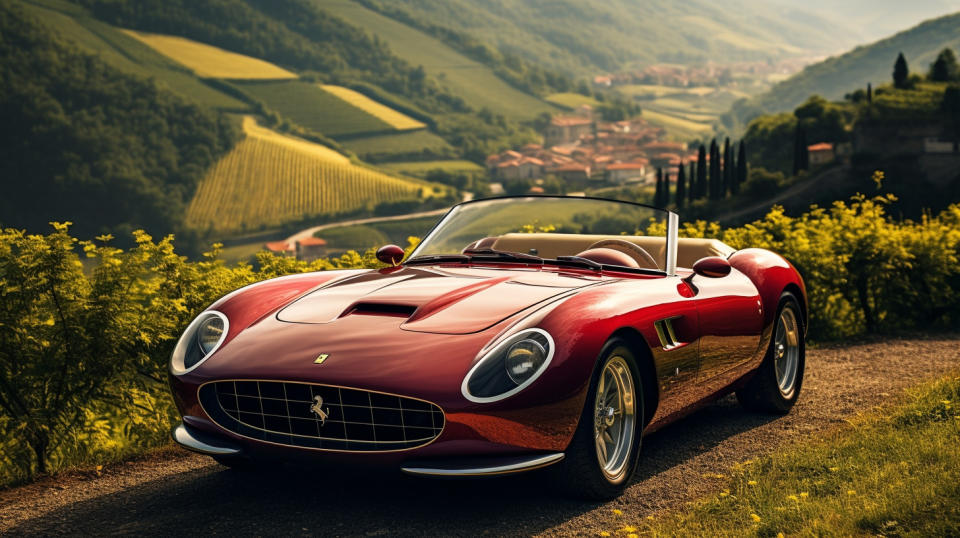 A classic Ferrari sports car against a lush green hillside, symbolizing the company's luxurious performance.