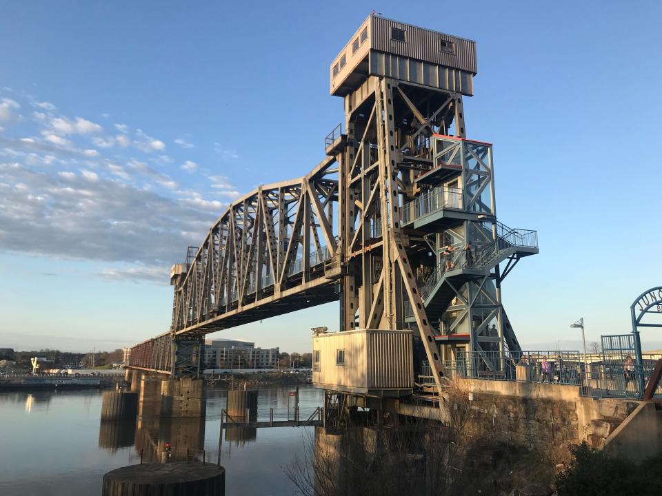 A landmark on the Little Rock skyline, the Junction Railroad Bridge serves as a pedestrian and bicycle bridge after its conversion in 2008. It connects the River Market District in Little Rock with the Simmons Bank Arena in North Little Rock.