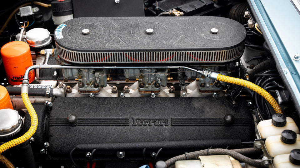 The 260 hp, 3.3-liter Colombo-designed V-12 engine inside a 1965 Ferrari 275 GTS.