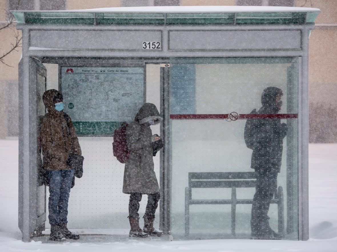 People take shelter from heavy snow and wind as they wait for a bus in Ottawa Jan. 17, 2022. (Justin Tang/The Canadian Press - image credit)