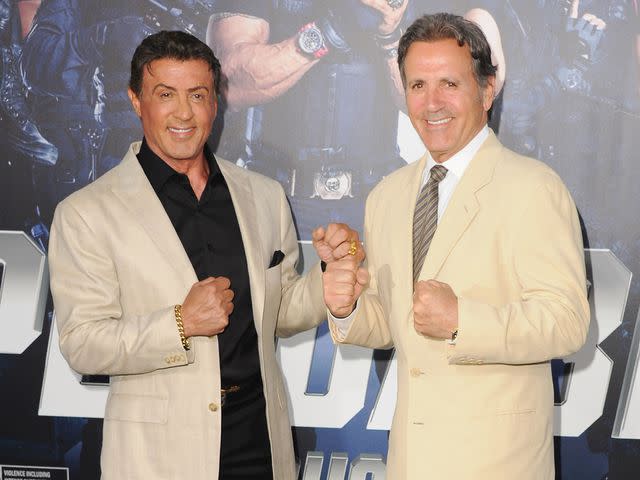 <p>Jon Kopaloff/FilmMagic</p> Sylvester Stallone and Frank Stallone Jr. at the Los Angeles premiere "The Expendables 3" in August 2014 in Hollywood, California.