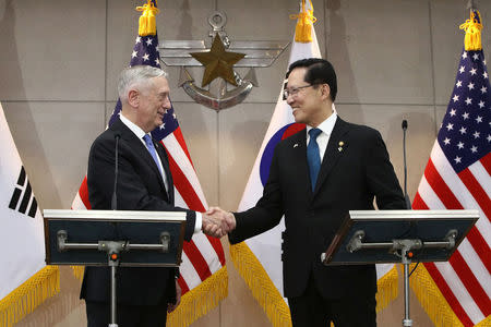 U.S. Secretary of Defense James Mattis (L) shakes hands with South Korean Defense Minister Song Young-moo (R) before their meeting on June 28, 2018 in Seoul, South Korea. Chung Sung-Jun/Pool via REUTERS