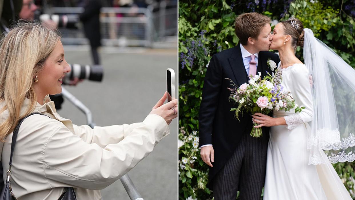 A split image of Isabelle holding a phone and the Duke and Duchess of Westminster kissing