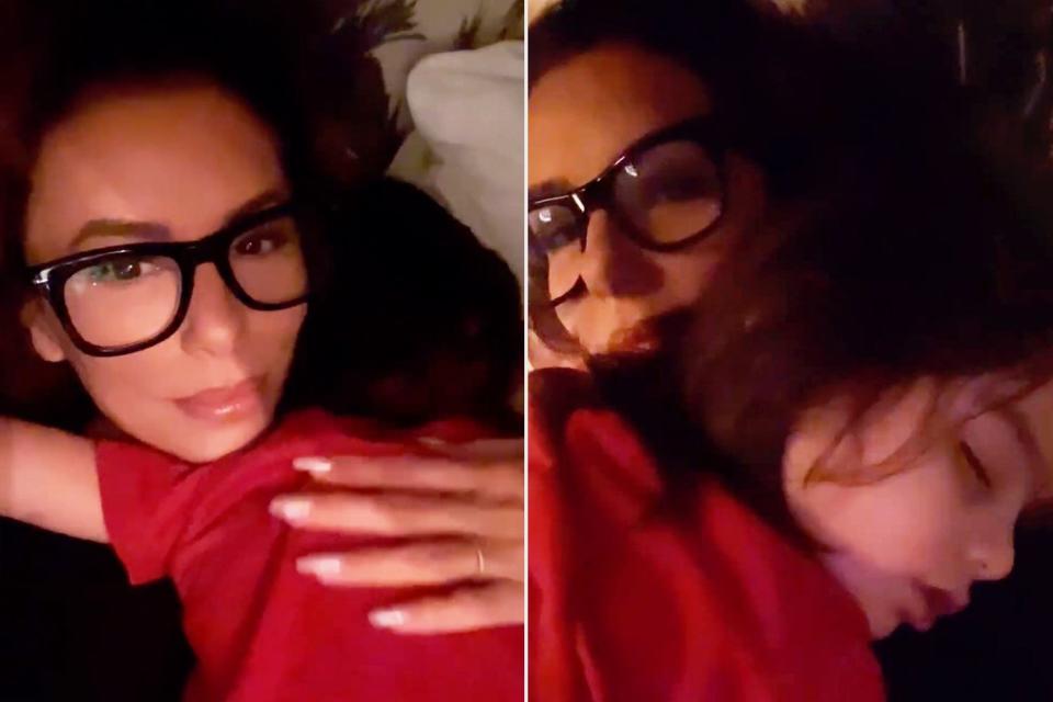 <p>Eva Longoria/Instagram</p> Eva Longoria cuddling with her son Santiago 