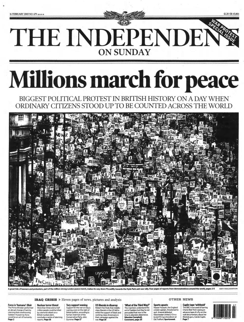 The Independent on Sunday front page on 16 February 2003 (The Independent)