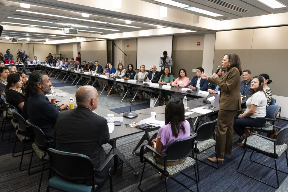 Vice President Kamala Harris meets with Democrats from the Texas state legislature at the American Federation of Teachers, Tuesday, July 13, 2021, in Washington. (AP Photo/Alex Brandon)