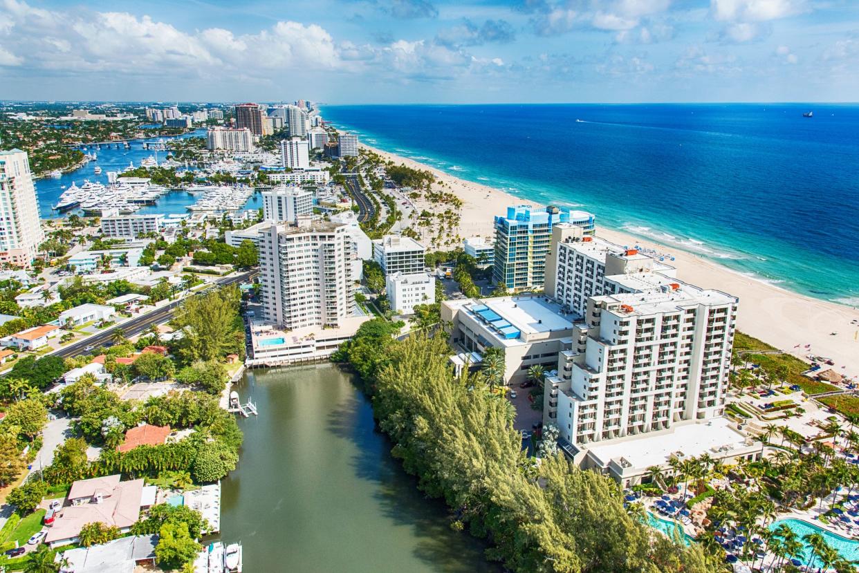 Aerial view of the hotels along the coast of Fort Lauderdale, Florida from an altitude of about 1000 feet during a helicopter photo flight.