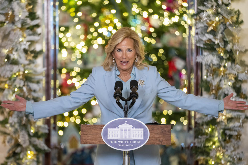 First lady Jill Biden speaks during the unveiling of the White House holiday decorations, in the Grand Foyer of the White House, Monday, Nov. 27, 2023, in Washington. (AP Photo/Jacquelyn Martin)