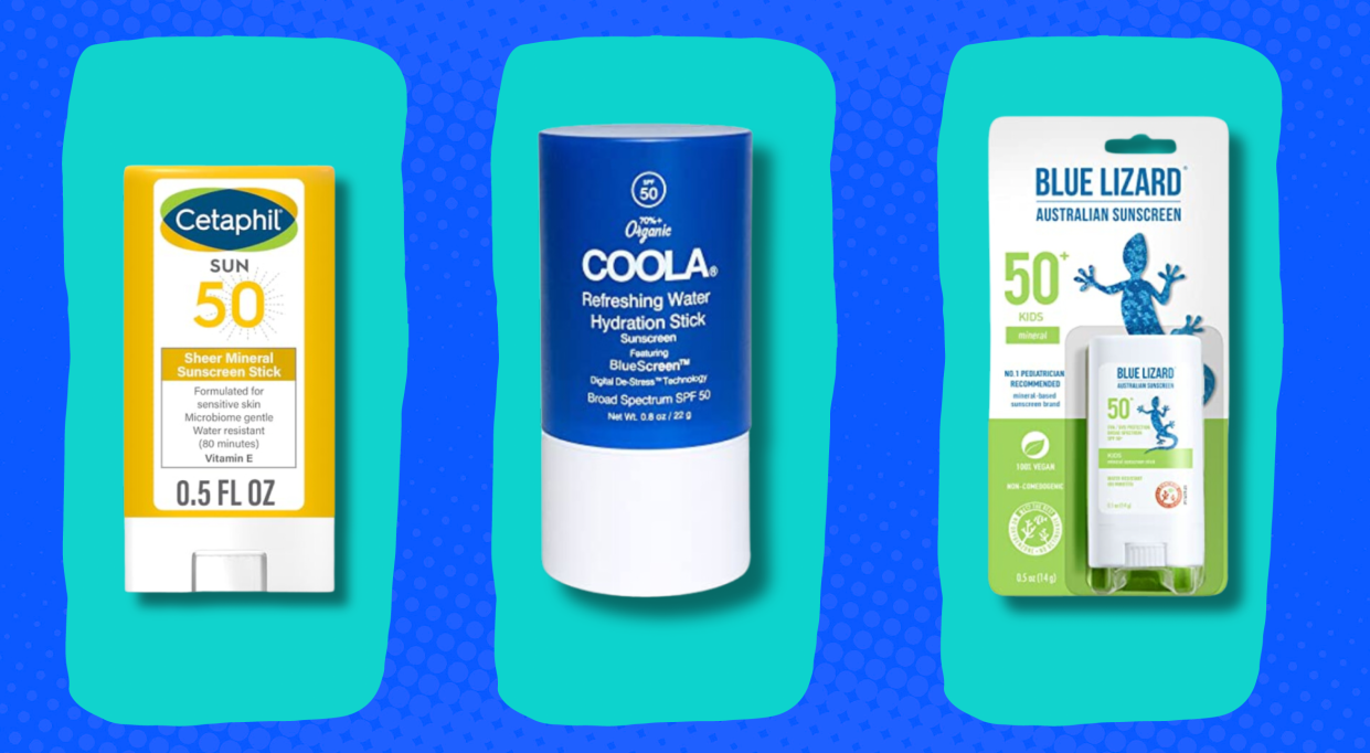 The best sunscreen sticks from Cetaphil, Coola and Blue Lizard on a blue background