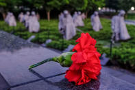 <p>A single red carnation lies on top of the mural wall at the Korean War Veterans Memorial early in the morning, May 28, 2017, during the Memorial Day weekend holiday in Washington. (Photo: J. David Ake/AP) </p>