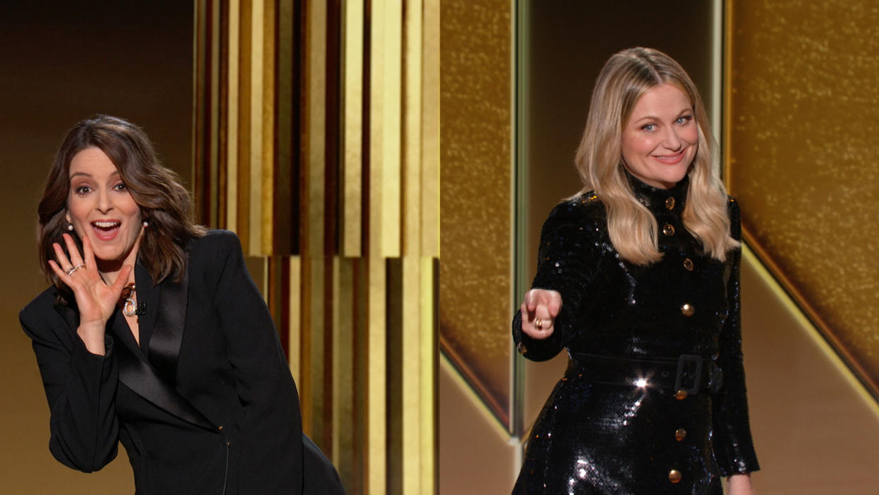 Pictured in this screengrab released on February 28, Co-hosts Tina Fey and Amy Poehler speak onstage at the 78th Annual Golden Globe Awards. (Photo: NBC via Getty Images)