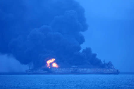 The Panama-registered Sanchi tanker ablaze in open waters, after colliding with a Chinese bulk ship. Korea Coast Guard/Yonhap via REUTERS