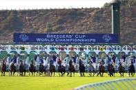 Nov 4, 2017; Del Mar, CA, USA; The ninth race out of the gate during the 34th Breeders Cup world championships at Del Mar Thoroughbred Club. Mandatory Credit: Jake Roth-USA TODAY Sports