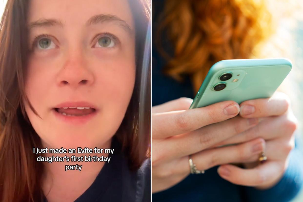 <p>twodachshundkings/TikTok, Getty</p> Emily King reacts to her mistake (left), stock image of woman using cell phone