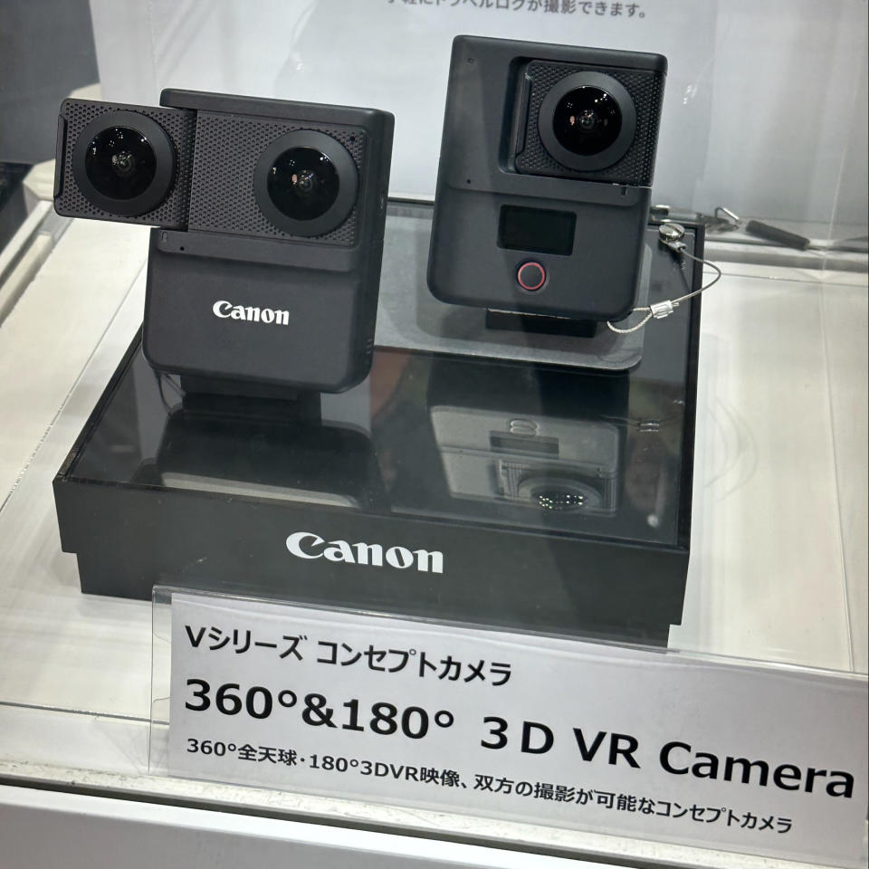 Canon Powershot concept 360-degree camera in display case at Photo Next Show 2023 in Japan