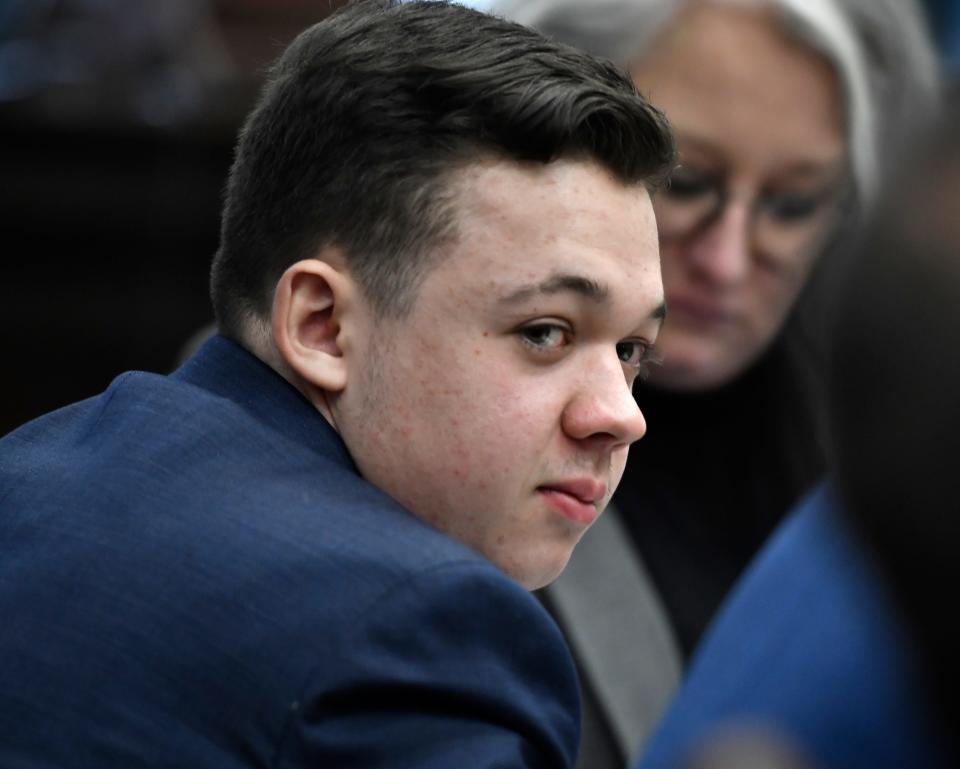 Kyle Rittenhouse listens as attorneys speak during his trial in November 2021. Rittenhouse spoke at Western Kentucky University on Wednesday in an event that sparked protests on campus.