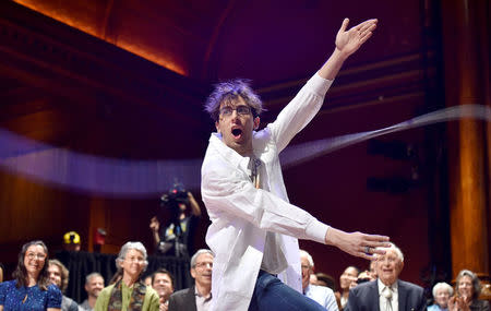 Performing chemist Michael Skuhersky participates in a Moment of Science during the 27th First Annual Ig Nobel Prize Ceremony at Harvard University in Cambridge, Massachusetts, U.S. September 14, 2017. REUTERS/Gretchen Ertl