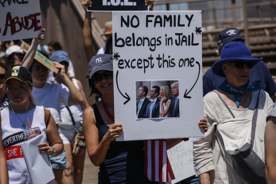 NEW YORK, NY - JUNE 30: People take part during the nationwide 'Families Belong Together' march as they walk by the Brooklyn Bridge on June 30, 2018 in New York City. As thousands of migrant children remain separated from family, rallies are planned across the U.S. calling for them be reunited. (Photo by Kena Betancur/Getty Images) (Photo: Kena Betancur via Getty Images)