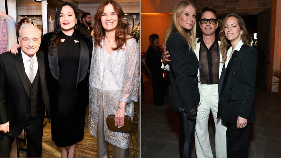 Fashion brands celebrate Oscar weekend at Armani with (Left) Martin Scorsese, Lily Gladstone and Roberta Armani; and Yves Saint Laurent (and Vanity Fair/NBCUniversal) at a private residence with (Right) Gwyneth Paltrow, Robert Downey Jr. and Susan Downey. (Courtesy Giorgio Armani; Matt Winkelmeyer/Getty Images for Vanity Fair)