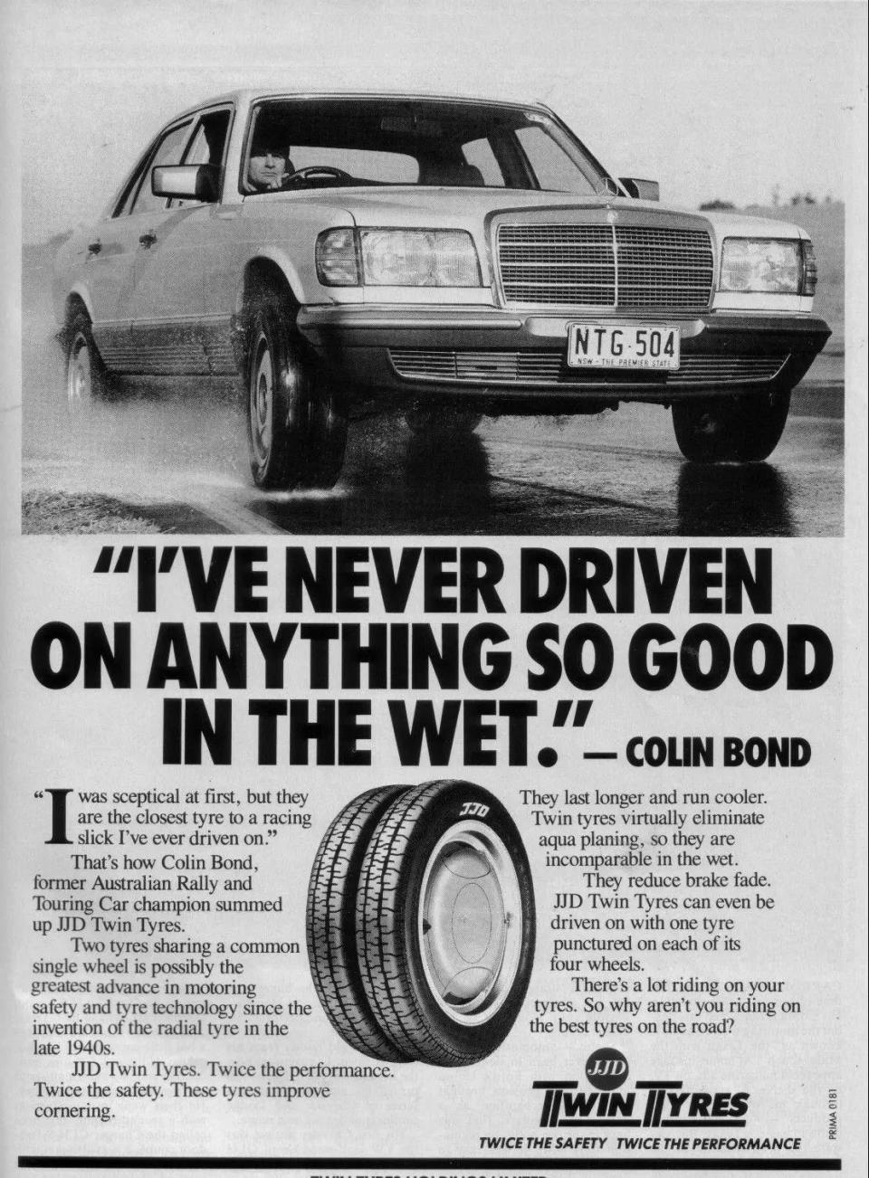 JJD Twin Tire ad from Australia, with spelling as "tyres"