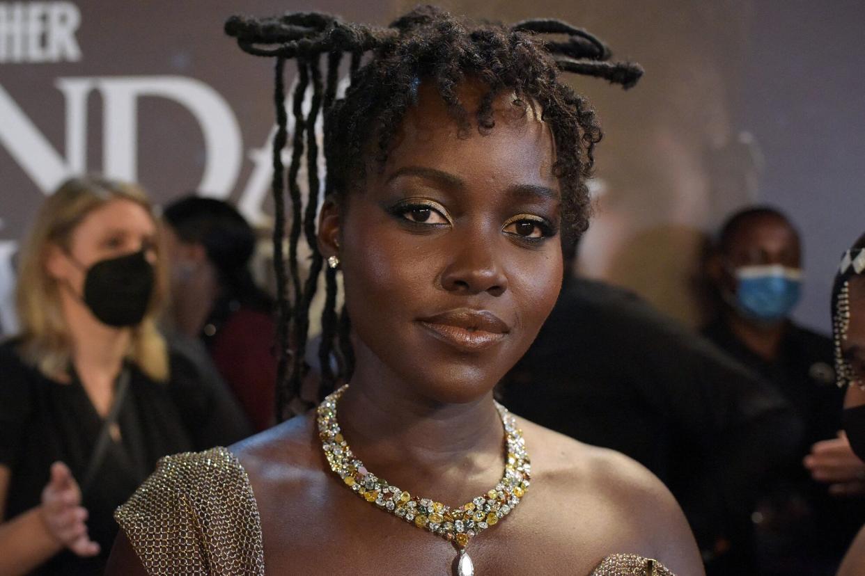 Kenyan-Mexican actress Lupita Nyong'o speaks to the media before the African premiere of the film "Black Panther: Wakanda Forever" in Lagos, on November 6, 2022. - The African premiere of the Marvel superhero film "Black Panther: Wakanda Forever" is taking place in Lagos, a leading commercial hub for African entertainment ahead of the film's global release on November 11.