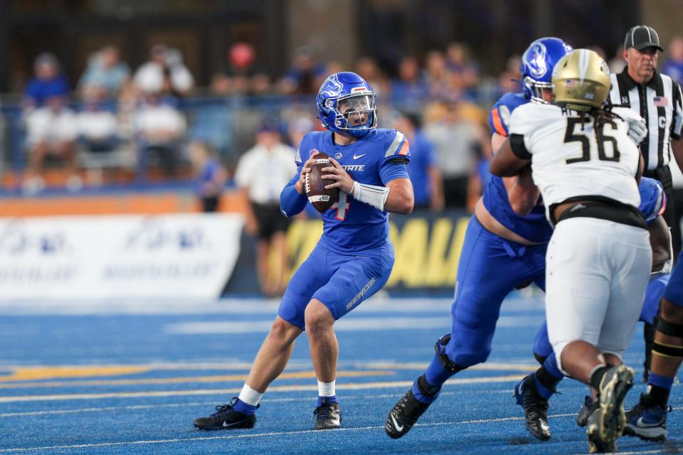 Boise State's Maddux Madsen (4) took over for the injured Taylen Green on Saturday, leading a late touchdown drive in an eventual 18-16 loss to UCF.
