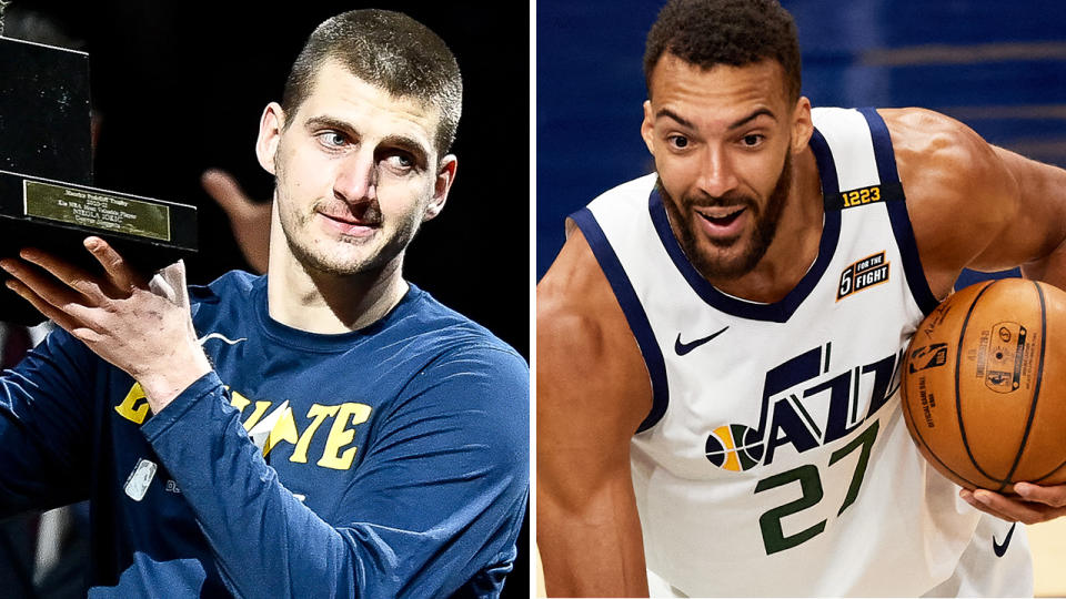 Nikola Jokic holding award and and Rudy Gobert holding basketball