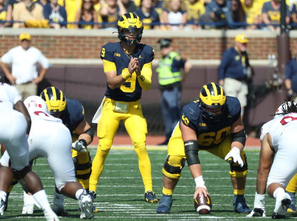 Michigan quarterback J.J. McCarthy runs the offense during the second half of Michigan's 31-7 win on Saturday, Sept. 23 2023, in Ann Arbor.