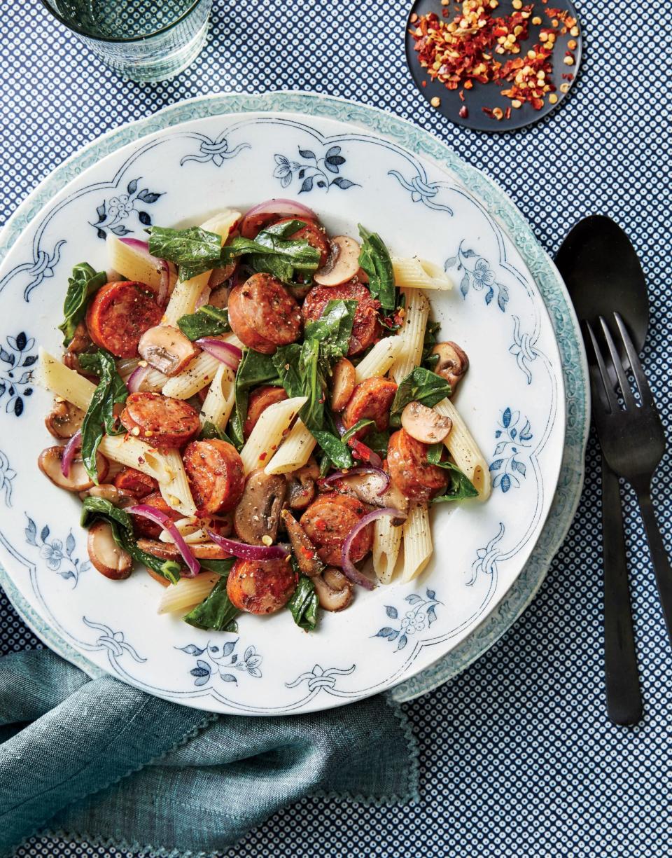 One-Pan Pasta with Chicken Sausage, Mushrooms, and Collards