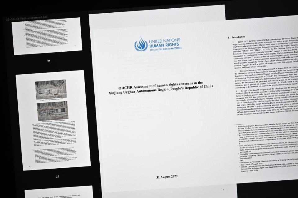 A computer's screen shows on early September 1, 2022 pages of a long-delayed report on human rights in China's Xinjiang region released just minutes before UN rights chief Michelle Bachelet left her post. - A UN report said claims of torture and forced labour in China's Xinjiang are credible and warned crimes against humanity may have taken place, allegations condemned by Beijing as a 