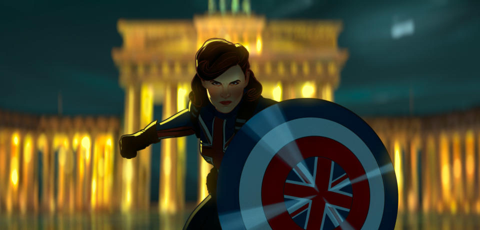Agent Carter stands with a shield in a fighting pose