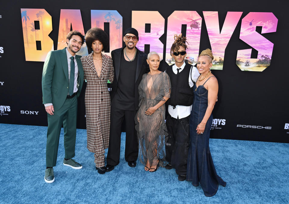 Trey Smith, Jada Pinkett Smith, Willow Smith, Will Smith, Jaden Smith and Gammy Norris at the premiere of "Bad Boys: Ride or Die" at the TCL Chinese Theater on May 30, 2024 in Hollywood, California.