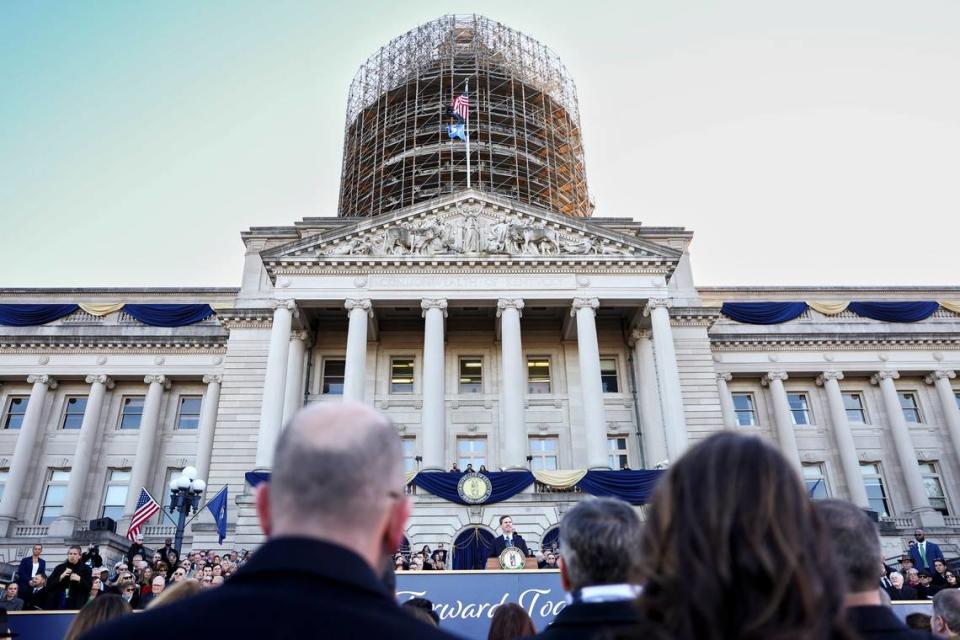 Gov. Andy Beshear speaks during his second inauguration ceremony at the Capitol in Frankfort, Ky., December 12, 2023. Silas Walker/swalker@herald-leader.com