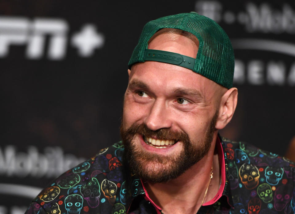 LAS VEGAS, NEVADA - SEPTEMBER 11:  Boxer Tyson Fury smiles during a news conference at MGM Grand Hotel & Casino on September 11, 2019 in Las Vegas, Nevada. Fury will meet Otto Wallin in a heavyweight bout on September 14 at T-Mobile Arena in Las Vegas.  (Photo by Ethan Miller/Getty Images)