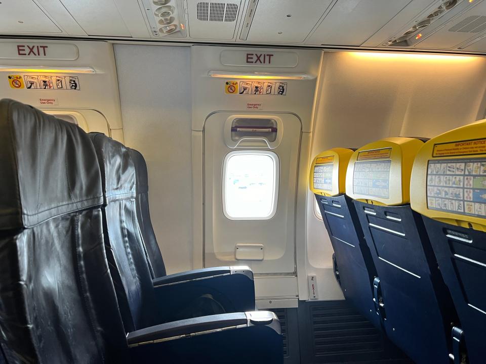 An emergency exit row, Row 16, on a Ryanair Boeing 737-800