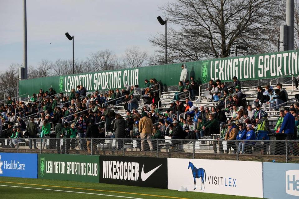 Lexington Sporting Club fans gather for the team’s first home match against Forward Madison FC at Toyota Stadium in Georgetown last Saturday. A crowd of 3,029 was announced at the team’s temporary venue.