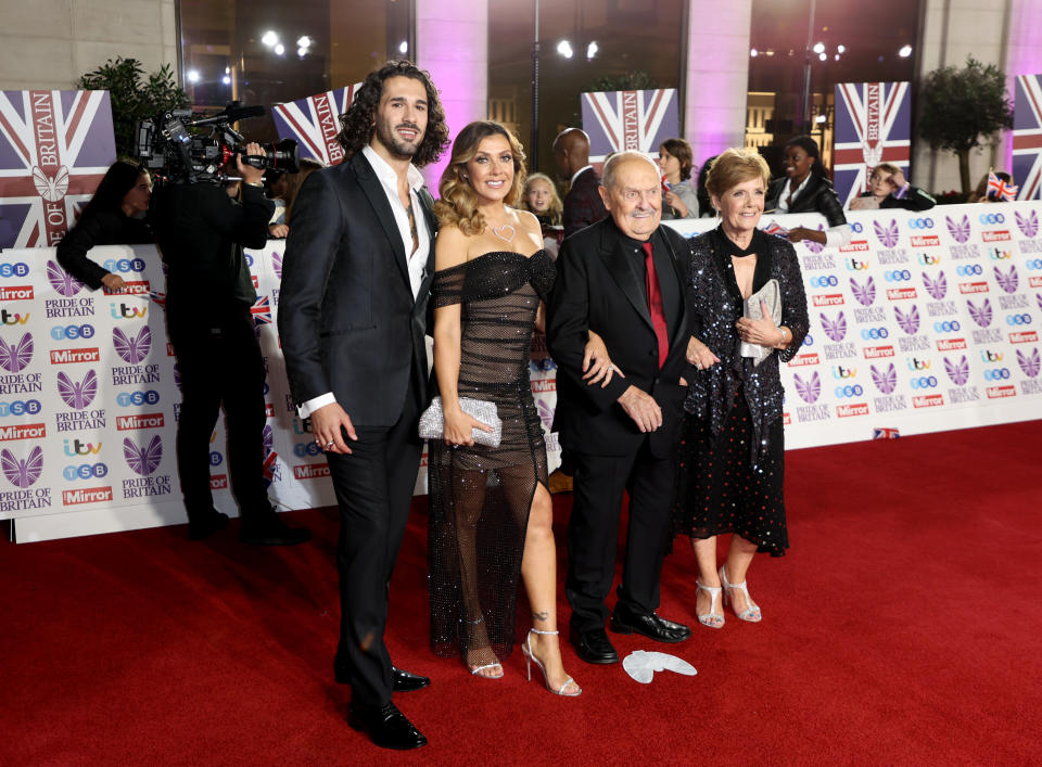 LONDON, ENGLAND - OCTOBER 24:  (L-R) Graziano Di Prima, Kym Marsh, David Marsh and Pauline Marsh attend the Pride of Britain Awards 2022 at Grosvenor House on October 24, 2022 in London, England. (Photo by Mike Marsland/WireImage)