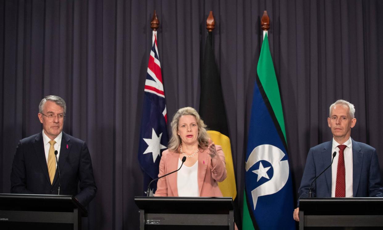<span>Attorney general Mark Dreyfus, home affairs minister, Clare O'Neil and immigration minister Andrew Giles. Dreyfus has asked the high court to rule on indefinite immigration detention.</span><span>Photograph: Mike Bowers/The Guardian</span>