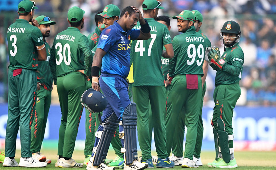 Angelo Mathews, pictured here after being 'timed out' against Bangladesh at the Cricket World Cup.