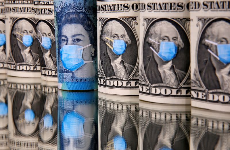 FILE PHOTO: George Washington and Queen Elizabeth II are seen with printed medical masks on the one Dollar and Pound banknotes in this illustration taken