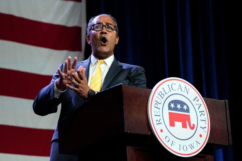 Republican presidential candidate former Texas Rep. Will Hurd speaks at the Republican Party of Iowa's 2023 Lincoln Dinner in Des Moines, Iowa, Friday, July 28, 2023.