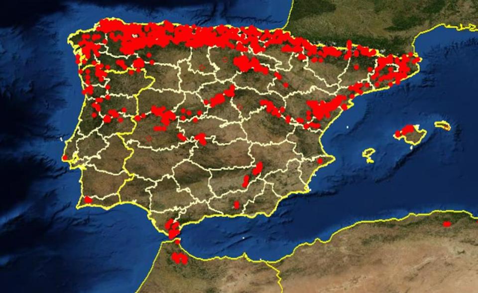 Distribución del acebo por la península ibérica, islas Baleares y el norte de África. Fuente: Anthos. Author provided